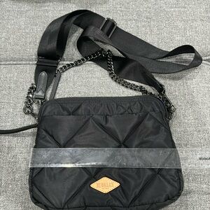 MZ Wallace black quilted crossbody bag with blue interior